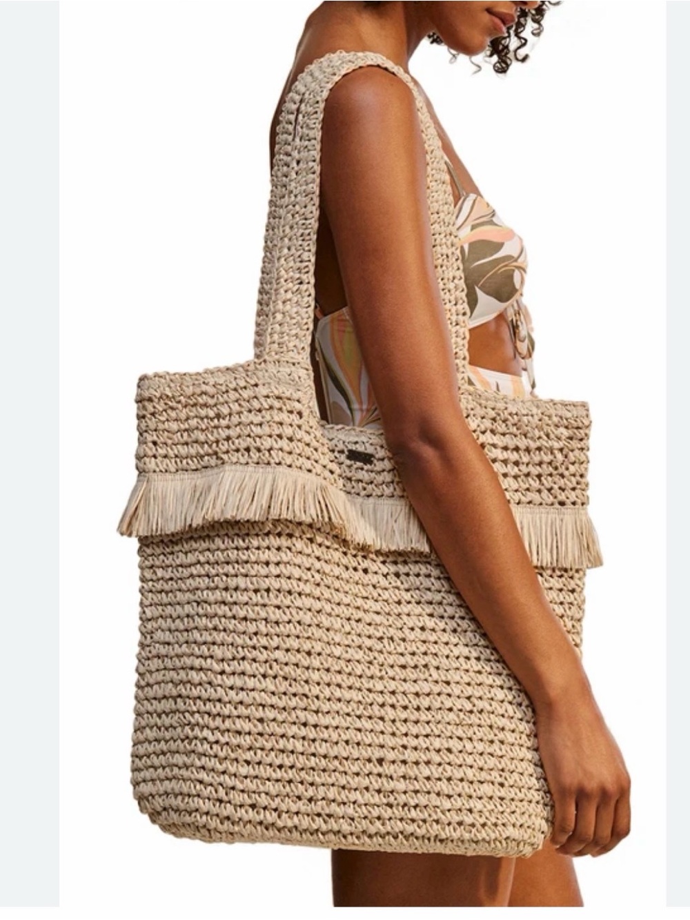 Roxy jungle jack straw Beach Tote w fringe.